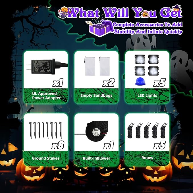 B&D 8FT Halloween Inflatables Outdoor Decorations, Inflatable Pumpkin Reaper Halloween Decorations Holds Skull Blow Up Yard Decoration Built-in Blue LED Disco Light for Holiday Party Garden Lawn Decor