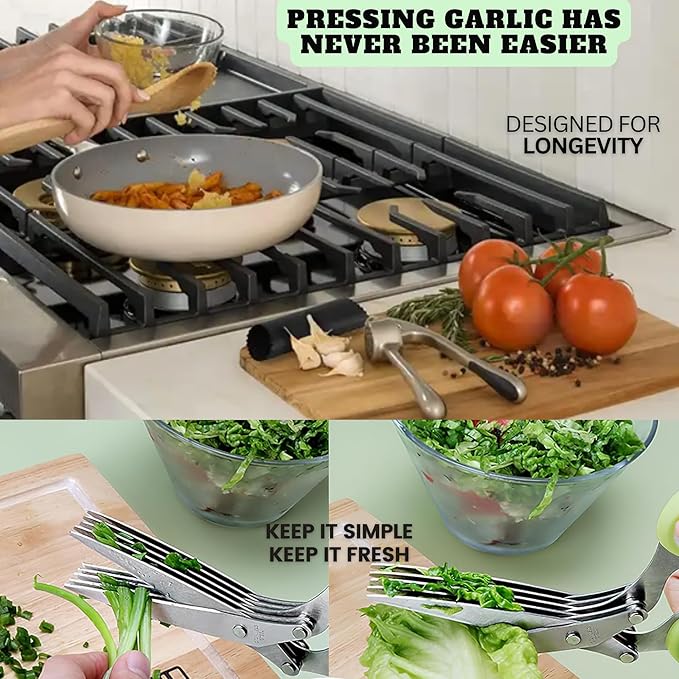Premium Garlic Press & Herb Scissors Set, Soft & Easy to Squeeze Handle Garlic Press Stainless Steel, Garlic Mincer Tool, Garlic Peeler, Garlic Masher, Crusher & Herb Scissors with 5 Blades and Cover