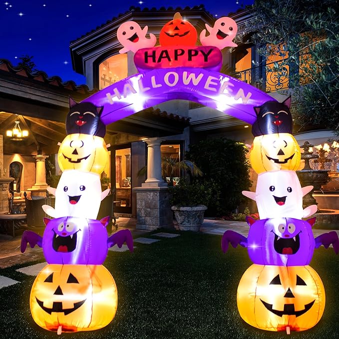 8FT Halloween Stacked Pumpkin Arch Inflatable Decoration Pumpkin Archway Blow up Inflatable Decorationswith LED Lights Indoor Outdoor Yard Garden Holiday Display for Halloween Party