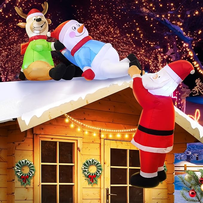 DomKom 8FT Christmas Inflatables Roof Outdoor Decorations, Climbing Santas with Reindeer and Snowman, LED Lights Holiday Blow Up Decoration for Outside Home Windows Eaves