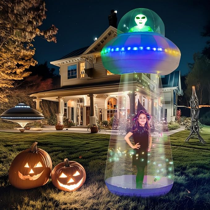 OurWarm 10 FT Halloween Inflatables Outdoor Decorations, Alien Blow Up Yard Decorations with LED Lights, UFO Inflatable Halloween Decorations for Outdoor Holiday Party Garden Lawn Decor