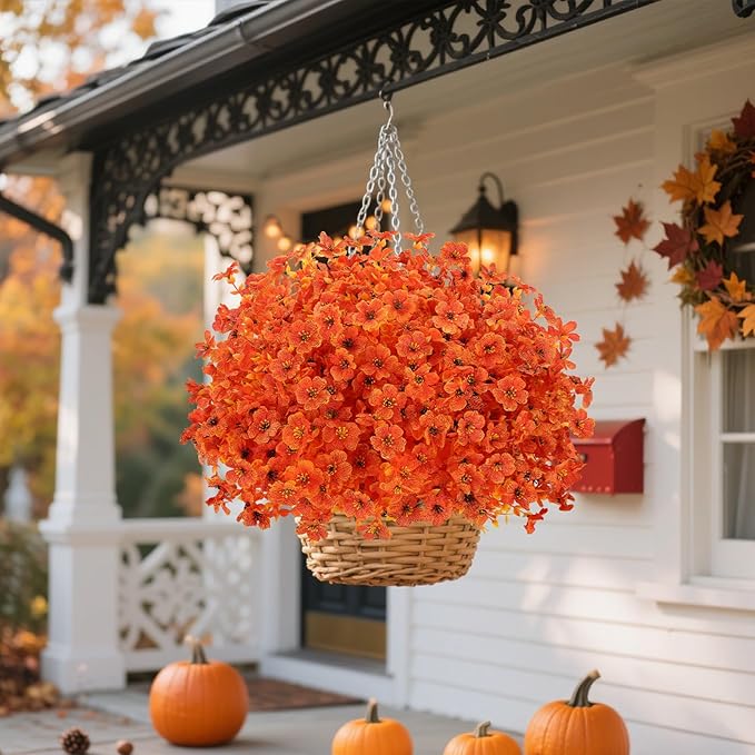 Fall Flowers Artificial for Decoration, Artificial Fall Mums Flowers for Outdoors, Fake Flowers Daisy Eucalyptus Realistic UV Resistant for Garden Patio Porch Home Decor (12, Orange-Yellow Leaves)