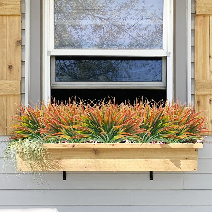 Artificial Fake Grass,12PCS Outdoor Faux Grasses Plastic Plants Greenery UV Resistant for Outside Home Windowbox Garden Office Patio Hanging Planter Front Porch Fall Décor (Red)