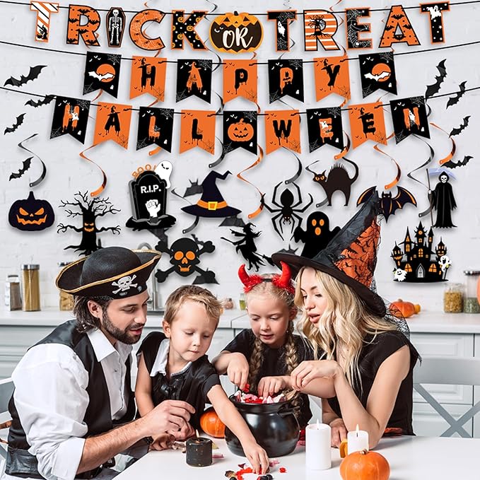 18 Pcs Halloween Party Decorations, Reusable Halloween Decor Indoor, Decorations Kit Included Happy Halloween Banner, Trick or Treat Banner, Ghost Pumpkin Ceiling Hanging Swirls Streamers