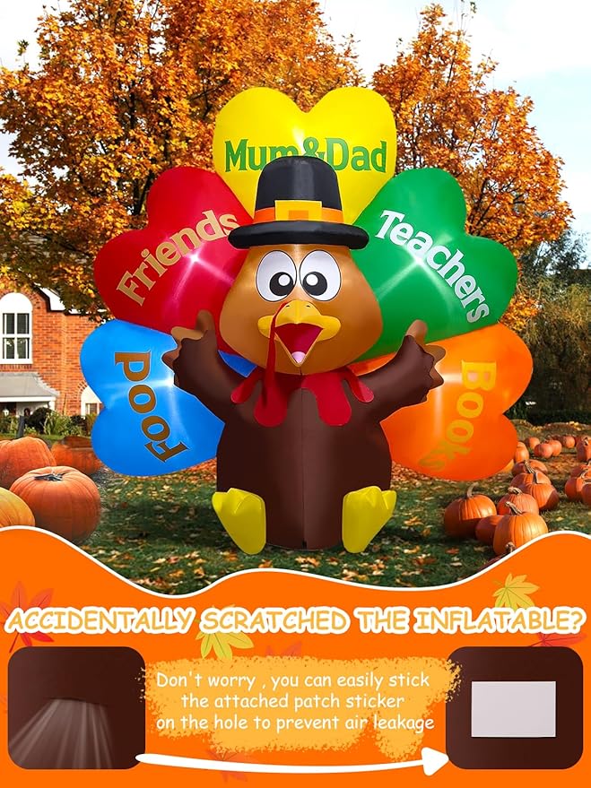 Kalolary 8FT Thanksgiving Inflatables Decorations,Giant Turkey Inflatables with Pilgrim Hat &Colorful Tail Fall Blow Up Yard Decorations with Build-in Lights for Garden Lawn Outdoor Thanksgiving Decor