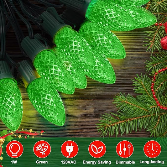25 Packs C9 LED Replacement Christmas Light Bulbs, C9 Shatterproof LED Bulbs for Christmas Outdoor Indoor String Lights, Waterproof Dimmable Strawberry Holiday Bulbs, E17 Intermediate Base, Green