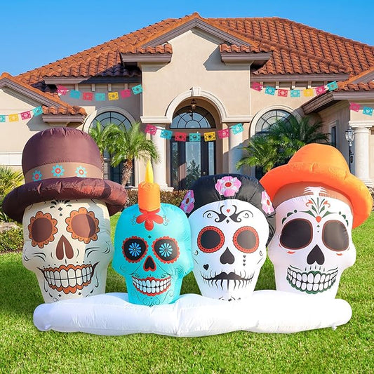 DomKom Halloween Inflatable Blow Up Decorations, Dia de Los Muertos 8FT Day of Dead Catrina Skulls, Built-in LEDs for Holiday Party, Garden, Lawn, Yard, Patio Décor