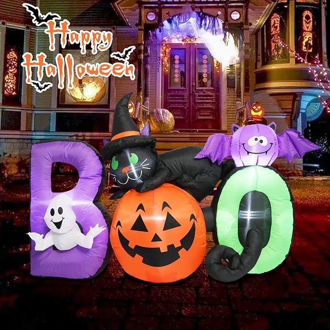 MUMTOP Halloween Inflatables Outdoor Decorations - 5 FT Pumpkin Inflatable with Ghost, Black Cat and Bat, Halloween Blow Up Yard Decorations with Built-in LED Lights for Party Yard Garden
