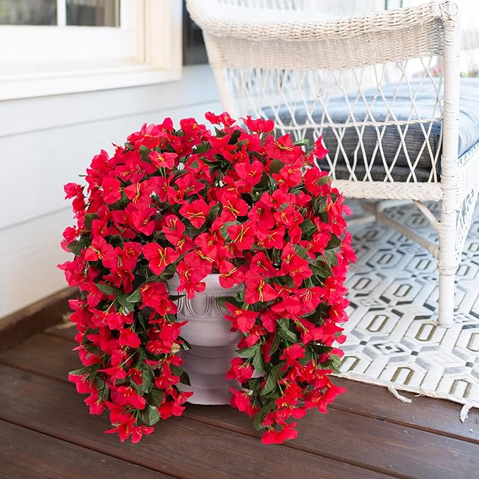 Artificial Faux Bougainvillea Flowers Plants for Outdoor Outside Summer Decoration, 2 PCS Fake Silk UV Resistant Look Real Long Trailing Vines for Front Door Porch Planter Urn Patio Balcony, Red