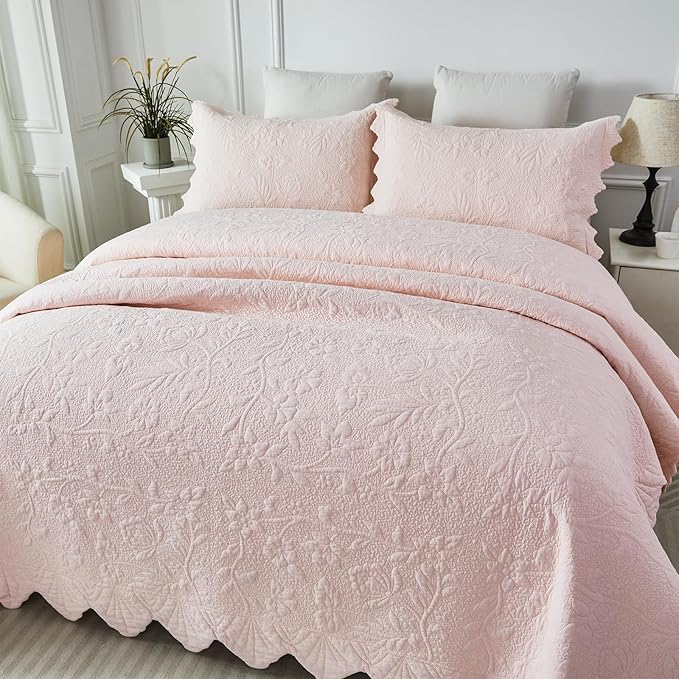 Brandream Queen Size Quilt Set Cotton Light Pink Quilts Farmhouse Bedding Set Matelasse Coverlet Set Scalloped Edge Quilts 3-Piece