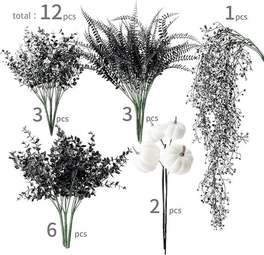 12Pcs Outdoor Artificial Boxwood UV Resistant Fake Stems Plants, Black Artificial Flowers Faux Flowers for Autumn Home Kitchen Wedding Table Centerpiece Halloween Thanksgiving Decorations