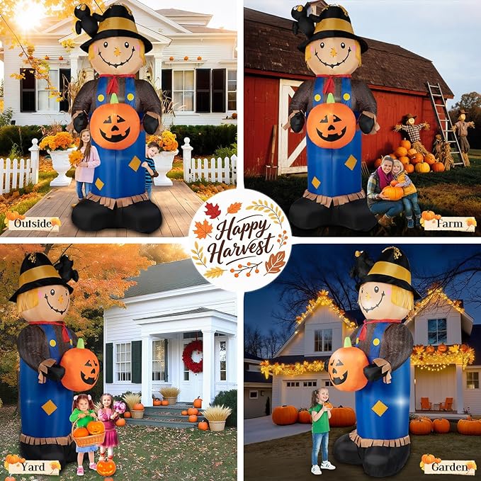 8FT Fall Inflatables Scarecrow Decorations, Giant Scarecrow with Pumpkin Inflatable Yard Decor Built-in LEDs, Scarecrow Blow Up Yard Decorations for Halloween Fall Autumn Harvest Lawn Garden