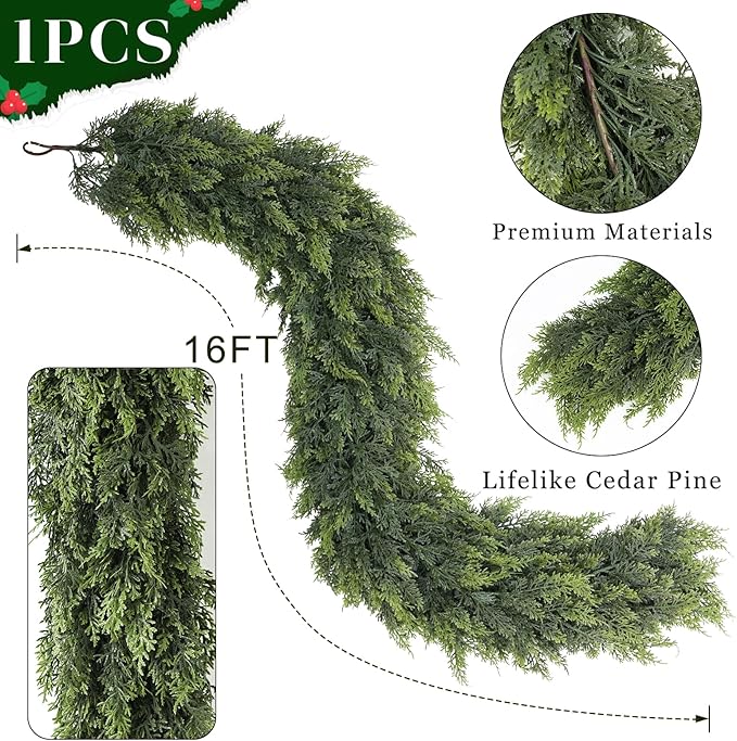 16FT Real Touch Cedar Garland for Fireplace - Artificial Christmas Garlands Realistic Faux Greenery Fake Pine Needles Garland for Holiday,Table, Window,Mantel,Stairs, Home,Indoor Outdoor Decor (1PCS)