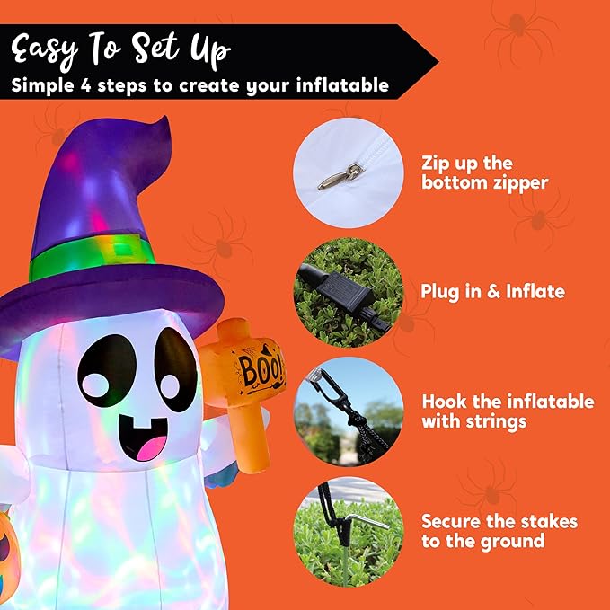 Joiedomi 5 FT Halloween Inflatables Ghost Outdoor Decorations, Blow Up Cute Wizard Ghost with Pumpkin, Blow Up Yard Decoration with Rotating Colorful LED for Halloween Lawn Garden Party Decor