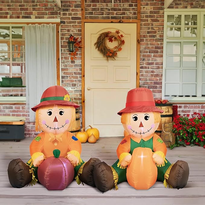 3.3FT Fall Day Outdoor Inflatable Decoration, Set of 2 Adorable Air-Blown Boy Girl Scarecrow with Pumpkin Yard Decor, Lighted Thanksgiving Harvest Decorations for Front Door Garden Lawn