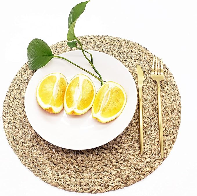 Woven Placemats for Dining Table Set of 6, 100% Natural Straw, Rustic Round Placemats Farmhouse Table Mats Rattan Wicker Placemats Hand Braided Place Mats for Indoor Outdoor, 14.17“