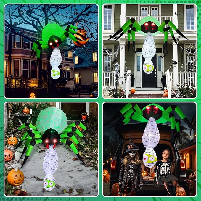 7FT Halloween Inflatables Spider Outdoor Decorations, Large Halloween Blow Up Yard Decorations with Mummy and Green LED Light, Scary Inflatable Decor for Eaves Cobweb Window Yard Lawn
