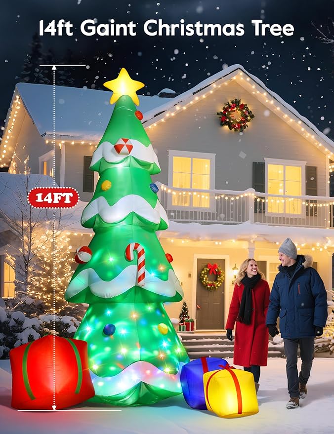 Dawdix 14FT Christmas Tree Inflatable Outdoor Decoration, Giant Christmas Inflatables Tree with 3 Gift Boxes, Lighted Christmas Decoration for Yard, Blow Up Xmas New Year Lawn Decor