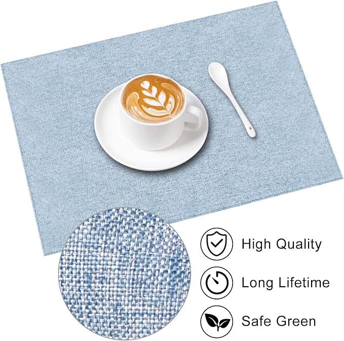 Cloth Placemats Set of 6, Cotton Linen Blend Machine Washable Durable Linen Table Mats, Heat Resistant Placemats Wrinkle Free Place Mats for Dining Table, Easy to Clean (Light Blue, 6)