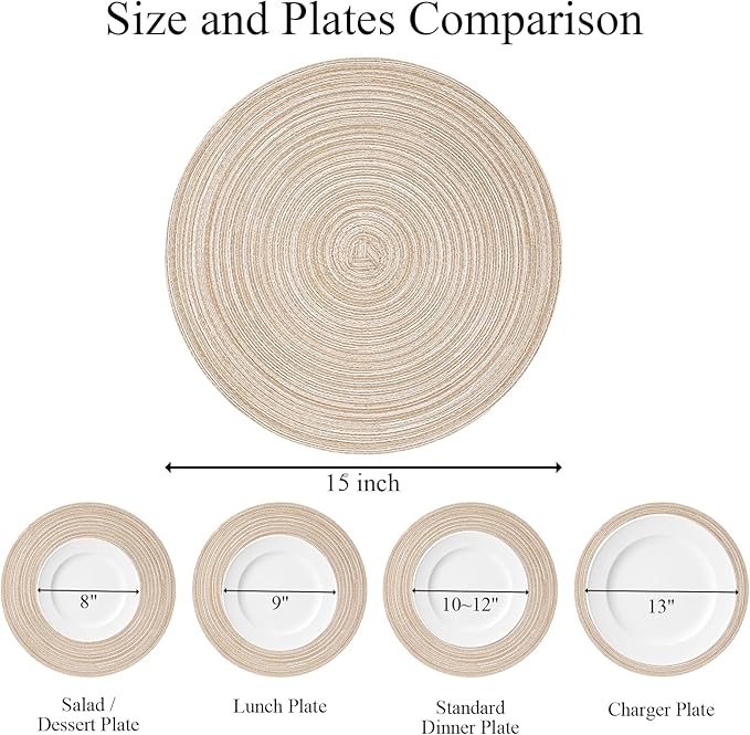 SHACOS Round Braided Placemats Set of 8 Cotton Fabric Round Table Mats Non Slip Washable 15 inch Round Place Mats (Beige, 8)