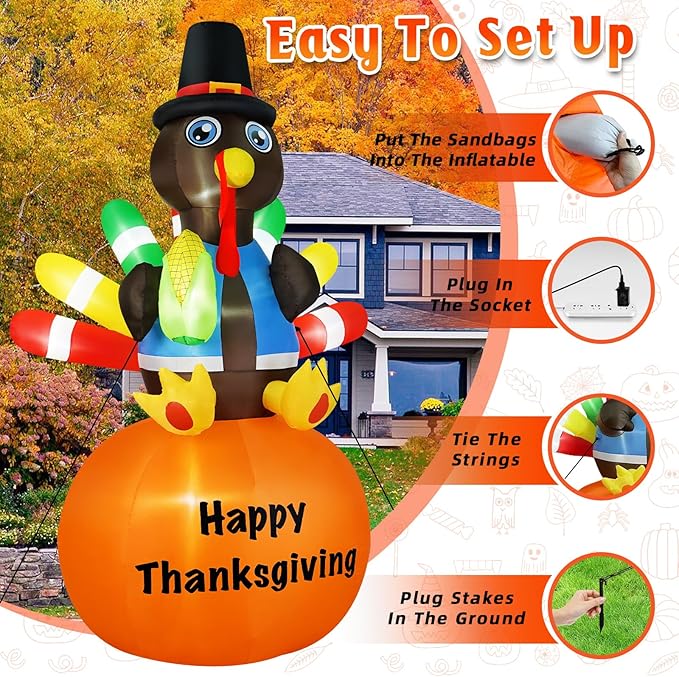 B&D 8FT Thanksgiving Inflatables Turkey Sitting on Pumpkin, Blow up Turkey Thanksgiving Decorations Outdoor Built-in LEDs Autumn Fall Harvest Decorations for Holiday Yard Lawn Garden Patio Decor