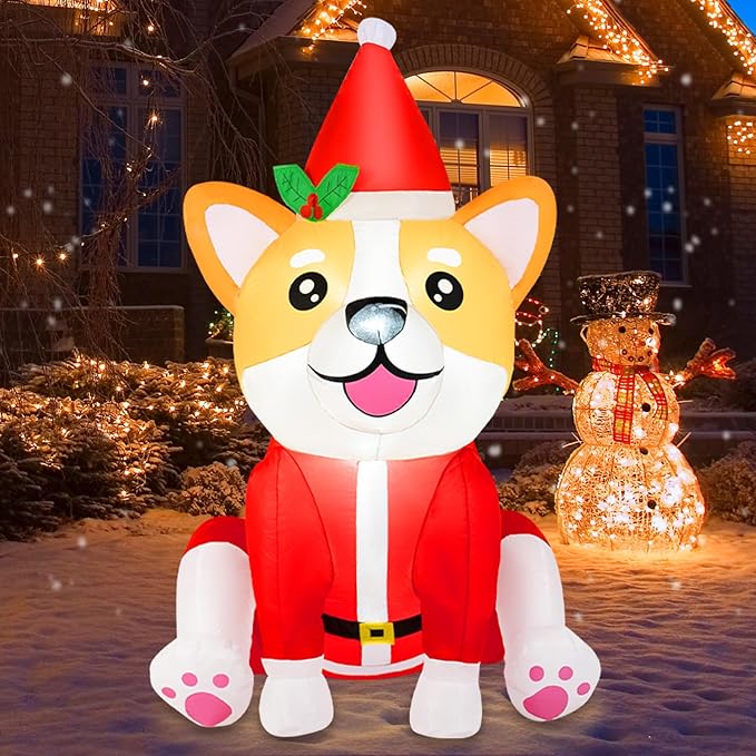B&D 4FT Christmas Inflatables Dog Outdoor Decorations, Christmas Blow Up Corgi Dog with Built-in LED Lights Inflatable Xmas Decorations for Gifts Party Indoor Outdoor Yard Lawn Garden Decor