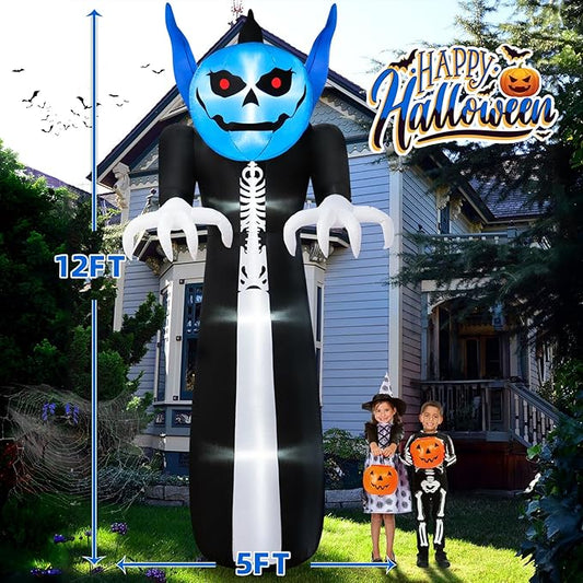 12FT Halloween Inflatables Pumpkin Reaper, Giant Pumpkin Ghost Inflatable Halloween Decorations with Blue Rotating LED Lights Blow Up Yard Decorations for Holiday Party Outdoor Garden Lawn