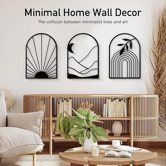 Sokurdeg Boho Metal Wall Decor Black Minimalist Line Wall Art Bohemian Wall Hanging for Bedroom Bathroom Living Room (3 Pack, 12 x 17 in)