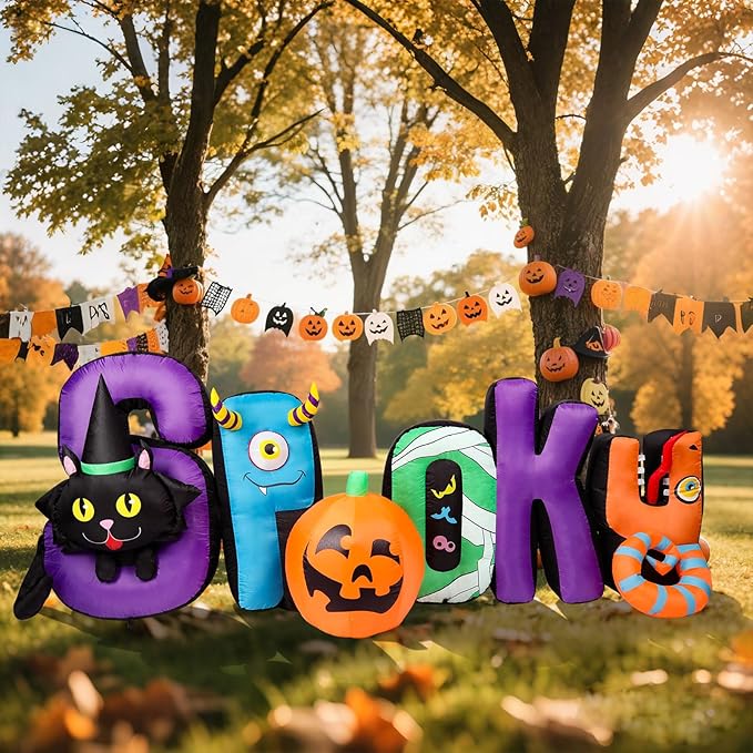 WONDER GARDEN Halloween Inflatable Outdoor Decoration - Spooky Blow Up Halloween Inflatables with Black Cat and Pumpkin Yard Party Garden Lawn Decor