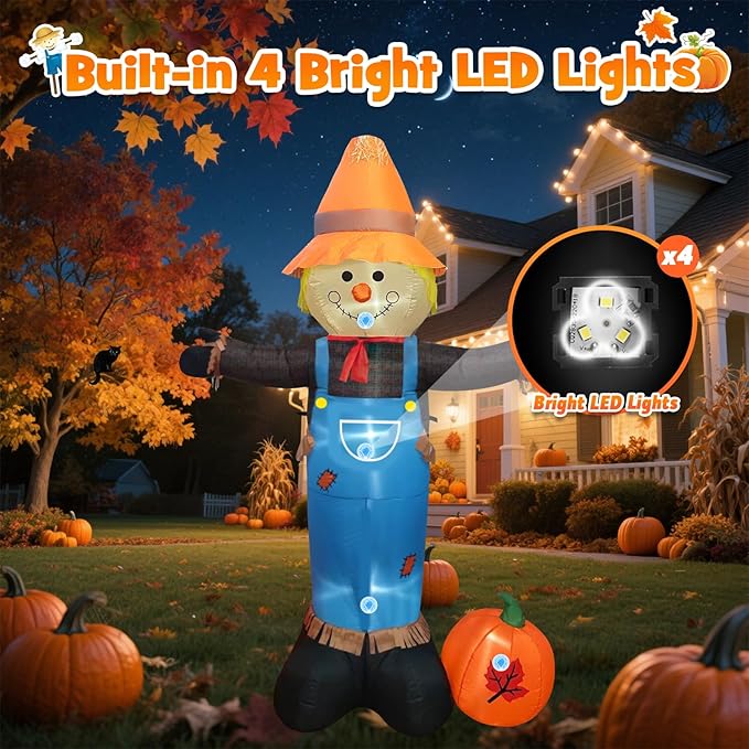 8FT Tall Thanksgiving Inflatable Scarecrow Inflatable Holiday Yard Decoration with Build-in LED Lights, Blow up Thanksgiving Scarecrow for Holiday Party Yard Lawn Garden