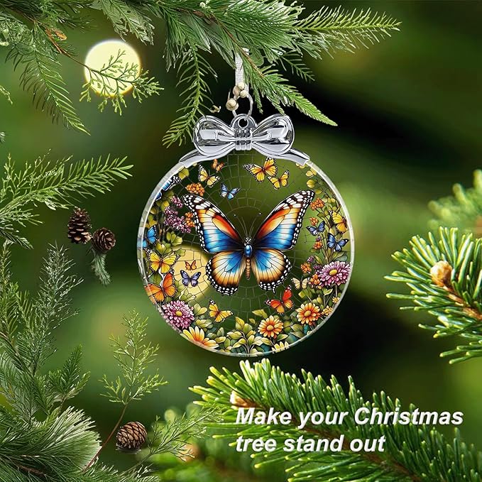 Butterfly Stained Glass Christmas Ornament - Hanging Ornaments for Christmas Tree Decorations -Holiday Keepsake Present Exchange Idea