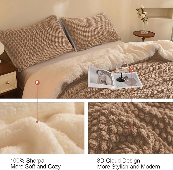 3D Jacquard Sherpa Comforter Set (Beige, Queen Size 90"x90") and Reversible Sherpa Comforter Set (White, Twin Size 68"x90")