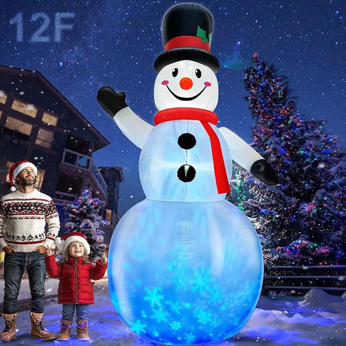 Rotating Snowflake Lights 12 Ft Giant Christmas Inflatables Snowman with Built-in LED Lights Christmas Decorations Outdoor Xmas Blow Up Snowman for Yard Garden Holiday Party Decor