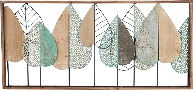 Deco 79 Wood Leaf Home Wall Decor Cutout Wall Sculpture with Green and Black Metal Wire Accents, Wall Art 47" x 3" x 22", Brown