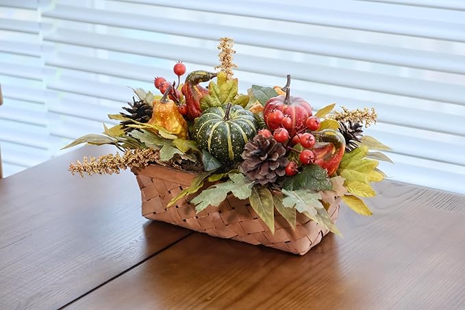 Fall Decor - Faux Pumpkins, Pine Cones, Berries and Maple Leaves in Rectangular Woven Basket for Table Centerpiece, Shelf, Mantel - Autumn Thanksgiving Arrangement for Home Indoor Outdoor - 14" Long