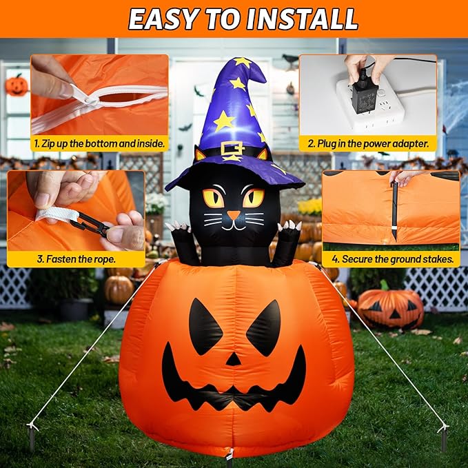 5.3 FT Halloween Inflatable Animated Witch Cat in Pumpkin, Blow Up Yard Decorations with Build-in LEDs Lighted Decor for Holiday Party Outdoor Indoor Lawn Garden