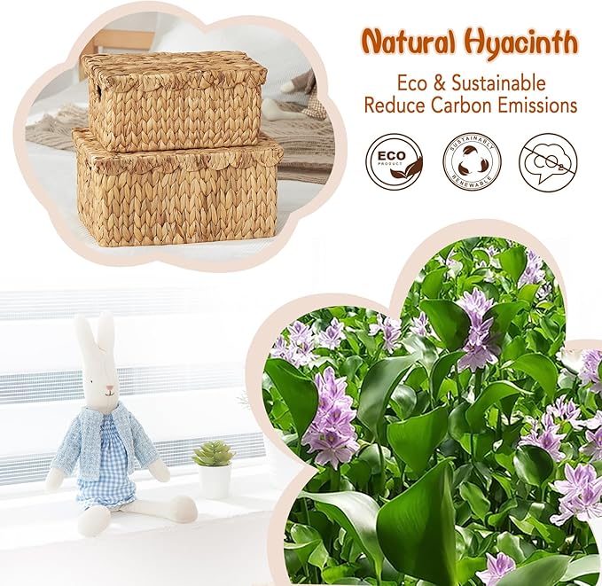 FairyHaus Wicker Basket with Lid, Scalloped Wicker Storage Basket with Removable Tray Lid, Handwoven Natural Water Hyacinth Bakests with Handles for Nursery 2Pack, 15 x 11.22 x 7 & 13 x 9.45 x 5.9