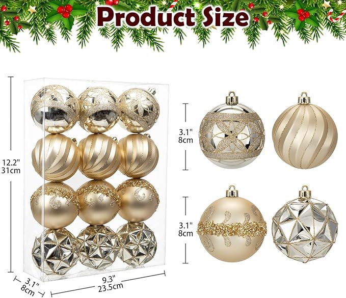 12pcs Christmas Ornaments Balls 3.14 inch Glitter Hanging Christmas Tree Ornaments Set for Christmas Decorations Hand Painted Shatterproof Christmas Baubles for Xmas Holiday Party Decor