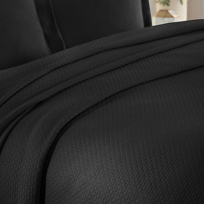Superior Solitaire Cotton 3 Piece Bedspread Set, Home Bed Decor, Decorative Textured Bed Spread, 2 Pillow Shams, Airy Blanket, Matelasse Coverlet Bedding, All-Season Accent Blanket, Full, Black