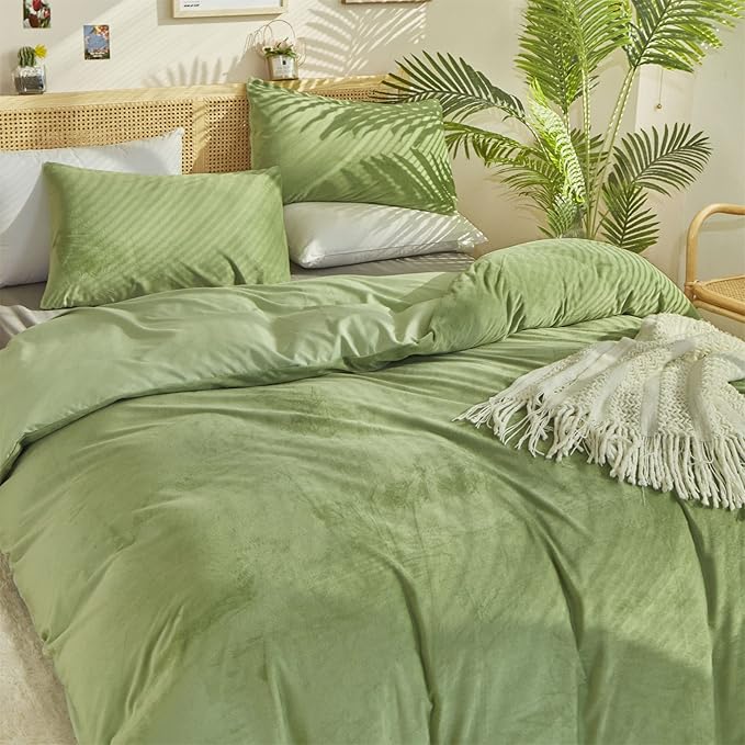 Sage Velvet Comforter Set Full Light Green Fluffy Flannel Bedding Set Winter Plush Blanket Quilts Soft Thick Warm Grass Green Comforter Set for Women Men Full Bed