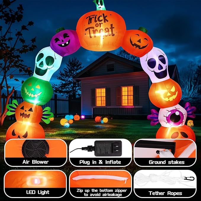 10FT Halloween Inflatables Pumpkin Skeleton Archway with Built-in LED Lights – Blow Up Yard Decoration with Candy Pumpkins for Indoor Outdoor Lawn Garden
