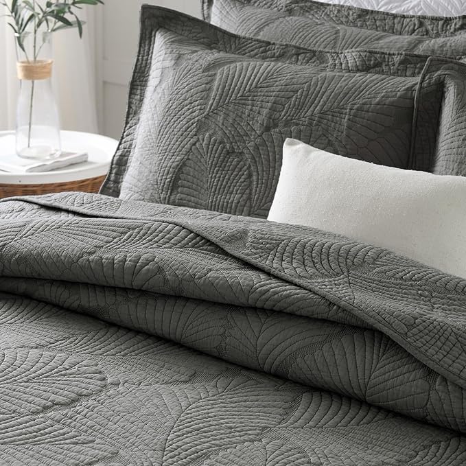 mixinni Grey Palm Tree Pattern Soft Cotton Quilt Set for Him and Her-King Size