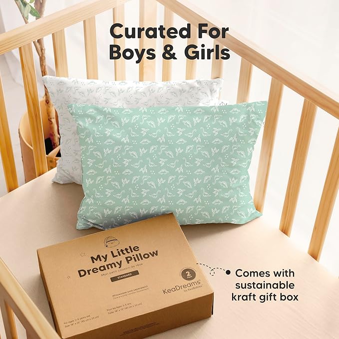 2-Pack Toddler Pillow - Soft Organic Cotton Toddler Pillows for Sleeping - 13X18 Small Pillow for Kids - Kids Pillows for Sleeping - Kids Pillow for Travel, School, Nap, Age 2 to 5 (DinoLand)