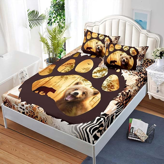 AILONEN Cute Bear Twin Fitted Sheet Set for Girls Boys, Bear Paw Sheet Leopard Print Fitted Sheet with 2 Pillowcases,3 Pieces Rustic Vintage Bear Bed Sheet Set