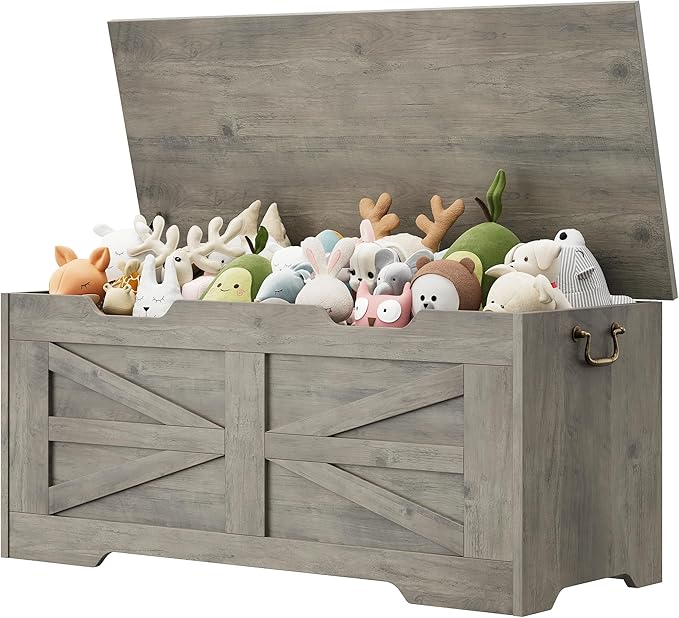 IDEALHOUSE Storage Chest, 39.4" Toy Chest for Boys Girls, Kids Wood Large Toy Box, Storage Bench with Safety Hinge, Farmhouse Storage Trunk for Entryway, Living Room, Bedroom, Playroom, Greige