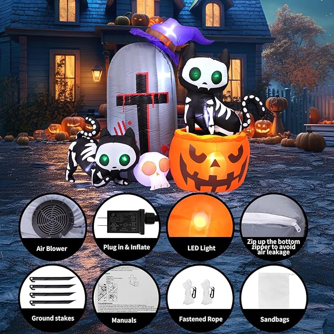 Max Fun 6FT Halloween Inflatables Skeleton Cat Pumpkin with LED Build-in Yard Decoration Blow Up Inflatables for Outdoor Indoor Garden Lawn