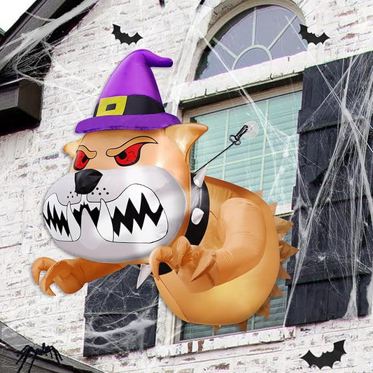 4 Ft Halloween Inflatable Fierce Bulldog Broke Out from Window Outdoor Halloween Decorations Blow Up Scary Dog with Red Eyes Build-in LEDs Halloween Party Indoor Outside Home Yard Garden Lawn Decor