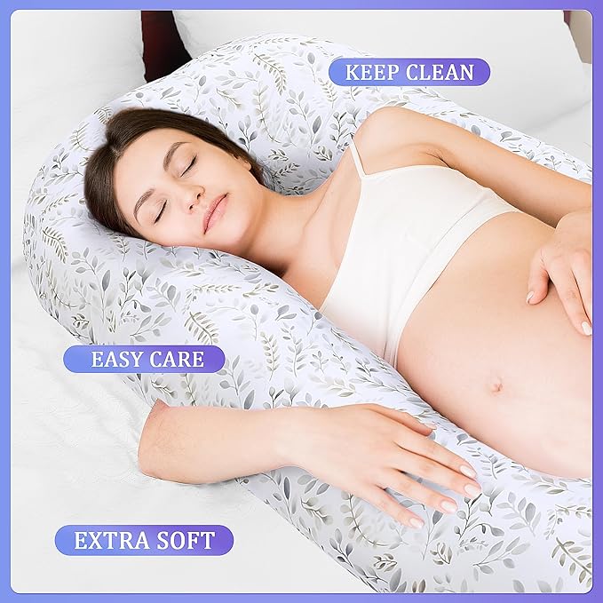 Floral Soft Pregnancy Pillow Cover (ONLY Pillowcase), U Shaped Luxurious Velvet Maternity Pillow Cover with Hidden Zip, Warm Large Pillow Protector for Side Sleeper, White, 61x31 in