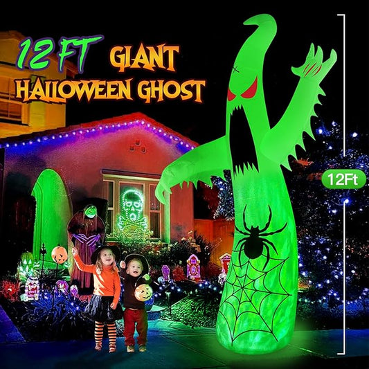 12FT Halloween Inflatables Decoration Giant Ghost with 3-Colored Flame Rotation LED Light Spooky Halloween Decorations Outdoor Blow Up Yard Decorations for Home Lawn Holiday Party