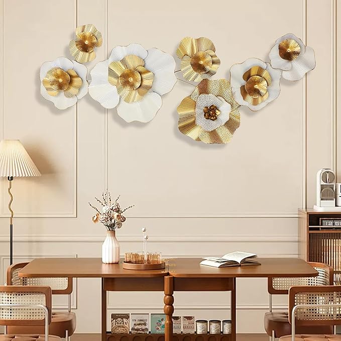 Metal Wall Art, White Gold Abstract Wall Decorations Metal Wall Decor, Modern Metal Wall Sculptures,Large 3D Vertical 49"*25" Flower Wall Decor for Living Room Dining Room Bedroom Wall Hanging Decor